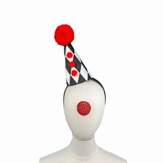 Clown Hat, Black, White, Red,  Diamond Pattern, Circus, Halloween Costume, Adjustable Headband, Theatrical Costuming, Jester, ClownCore This classic clown hat is perfect for plays, burlesque acts, vaudeville, you name it- any time you need that perfect retro look. it stands 9" inches high. It is made with a buckram and wire base and had been covered in two layers of fabric, the top being a black and white satin. You can position it any way you want- it slides right on to the headband. I use only the most comfortable headbands around.  This hat is perfect for kids or adults! Shipping Policy: All items are sent through the US Postal Service first class with tracking. Please convo for shipping upgrades.  Please check out the rest of my store policies for information about Rush Orders, Custom Themed Black Costume Hats And Headpieces For Festivals, Adjustable Costume Accessories For Carnival And Halloween, Themed Black Costume Accessories For Carnival, Halloween Party Costume Accessories One Size, Red Hats For Carnival Costume Party, Black Costume Hats And Headpieces For Halloween Carnival, Black Hat For Carnival Costume Party, Black Themed Costume Hats And Headpieces For Carnival, Red Themed Costume Accessories For Carnival