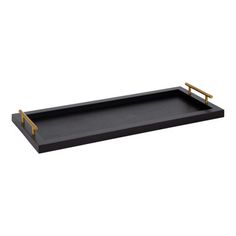 a black tray with gold handles on the bottom and an empty shelf in the middle