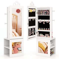 two white shelving units with jewelry on them