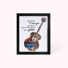 a guitar with the words i love you and pictures on it, framed in a black frame