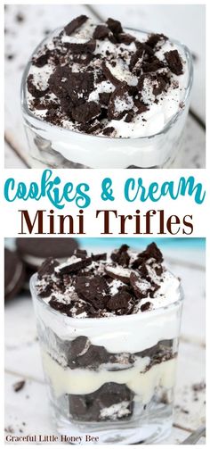 cookies and cream mini trifles in a glass dish on a white table with text overlay