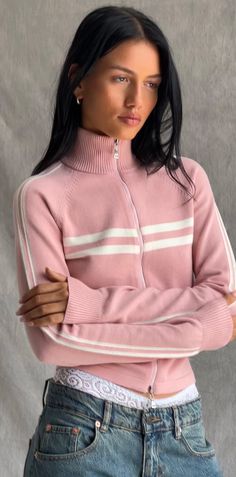 Pink Zip Through Jacket | Talisa – motelrocks-com-us Aesthetic Fairycore, Sporty Jacket, 2000s Vintage, Vintage Grunge, Knit Hoodie, Women Sleeve, Grunge Style, Slim Fit Shorts