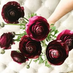 a bunch of red flowers sitting on top of a white bedding set next to a person's hand