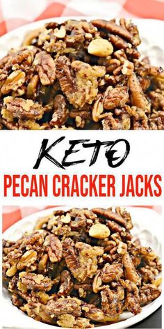 keto pecan cracker jacks on a white plate with red and white checkered tablecloth