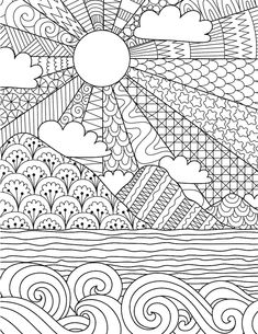 an adult coloring book with waves and clouds