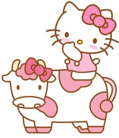 a hello kitty sitting on top of a cow with a flower in her hair and wearing a pink dress