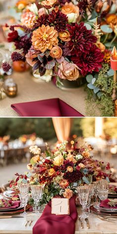 Elegant fall wedding table decor with rich burgundy and orange florals. Perfect for October weddings, adding romantic and rustic autumn elegance. Fall Wedding Table Decorations, Wedding Table Decorations Elegant, Fall Wedding Table Decor, Thanksgiving Tables, Fall Floral Centerpieces, Elegant Fall Wedding, Fall Dinners, Fall Wedding Tables, Fall Decor Wreaths