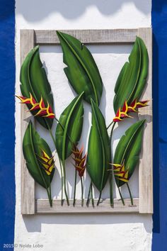 a group of green leaves with red and yellow flowers hanging on the side of a building