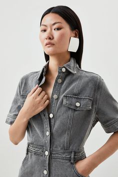 Bring A Style Statement To Casual Occasions With This Maxi Shirt Dress, Crafted From Premium Denim Fabric With A Button-Down Design And Short Sleeves For Practicality, While Pocket Flaps, A Front Split Hem And Belt Loops Add Elevated Details.Maxi Hemlinedenim Fabricshort Sleevesbutton Detailing Maxi Shirts, Denim Maxi, Maxi Shirt Dress, Grey Denim, Style Statement, Karen Millen, Split Hem, Premium Denim, Fashion Face