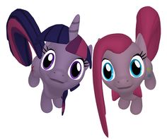 two cute little ponys with big eyes and pink hair, one is looking at the camera