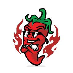 a chili with glasses on it's face and flames around the head, in front of