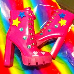 This Is A Brand New Pair Of Platform Boots In A Gorgeous Shade Of Bright Pink, That I've Hand Decorated With Jewels & Sparkling Stars. They Are Brand New, Have Never Been Worn, & Are Cool & Unique Boots!! Bold Synthetic Boots With Round Toe, Spring Boots With Round Toe And Fun Style, Spring Fun Boots With Round Toe, Cute High Heel Party Boots, Trendy Yellow Heels With Round Toe, Fun Spring Boots With Round Toe, Pink Ankle Boots For Summer, Summer Pink Ankle Boots, Pink Synthetic Boots For Summer