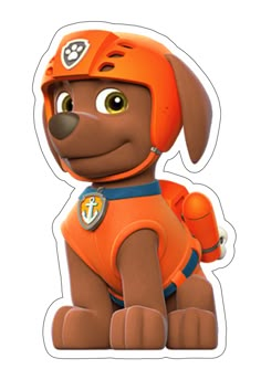 a cartoon dog with an orange helmet on