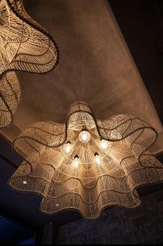 the lights are hanging from the ceiling in the room that is decorated with intricate patterns