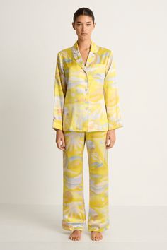 Olivia Von Halle Lila Silk Pajamas - Eris Landscape Olivia Von Halle, Cute Pajama Sets, Cute Pajamas, Silk Pajamas, Print Pajamas, Step Inside, Shades Of Yellow, Pajama Sets, Drawstring Waistband