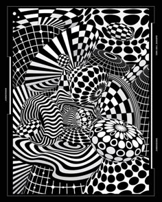 an abstract black and white pattern with circles, dots, and lines in the center