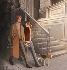 a man and woman standing next to each other on the steps with a dog in front of them