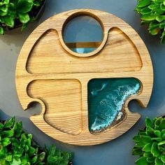 a circular wooden object with an ocean scene in the center surrounded by succulent plants