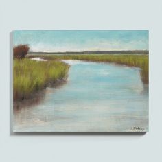 an oil painting of a marshy river