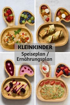 four different pictures of food in wooden trays with the words kleinkder spielplan / enhanningsplant