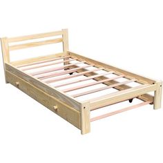 a wooden bed frame with no mattress on it