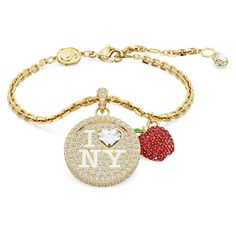 Show your love for New York City with this radiant gold-tone plated bracelet. The inspired design features a delicate chain with an ‘I LOVE NY’ motif, beautifully brought to life by a pavé of clear crystals and a heart-shaped stone. Extra details include a lobster closure, a flat apple motif, and a single Swarovski Zirconia at the end of the elongation. Exclusively available online in the USA and from select NY stores. New York Necklace, Y2k Gold Jewelry, Pretty Jewellery Gold, Evil Eye Jewelry Bracelet, Gold Bracelets Stacked, Dope Jewelry Accessories, Urban Jewelry, I Love Ny, Dope Jewelry