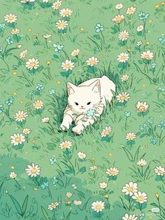 a white cat laying on top of a lush green field filled with lots of flowers