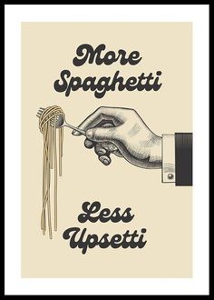 a hand holding spaghetti with the words more spaghetti less alopetti on it, in black and white