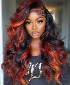 Black And Red Sew In Weave, Red Natural Hairstyles Black Women, Different Color Hair Ideas Black Women, Fall Hair Colors Ideas, Ginger And Burgundy Hair Black Women, Fall Hair Aesthetic, Red Orange Hair Black Women, Curled Hairstyles For Black Women, Fall Color Bobs Black Women