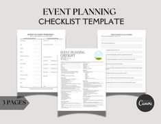 the event planning checklist template is shown in three different colors and font, along with two