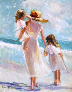 an oil painting of two women and a child on the beach, one holding her hat