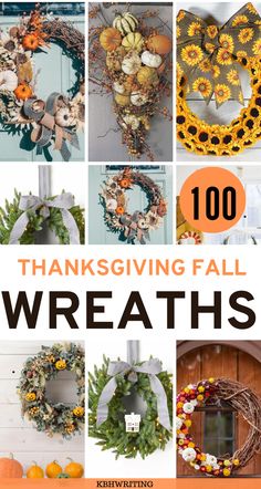 a collage of thanksgiving wreaths with pumpkins and sunflowers