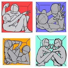 four different colored images of people sitting in front of each other, one with his arm around the other's neck