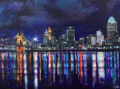 a painting of a city at night with lights reflecting in the water