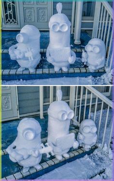 two pictures of snow sculptures in front of a door and on the steps to a porch