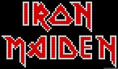 the iron maiden logo is shown in red and white pixellated letters on black background