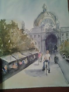 a painting of people walking and riding bikes