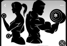 the silhouettes of two people holding dumbbells are shown in black and white