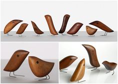 several different types of wooden birds sitting on top of each other