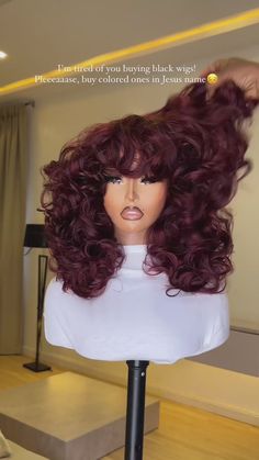 BAISI Sexy Burgundy Boucy Wavy Machine Made WIg With Bang – BAISI HAIR Candylover89 Wigs, Deep Wave Wig With Bangs, Burgundy Wig Styles, Burgundy Weave Black Women, Crochet With Bangs, 3b Curly Hair Bangs, Cardi B Hairstyles, Side Part Wigs, Red Hair Wig