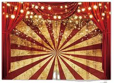 a red and white circus tent with lights on it's ceiling, in front of curtains