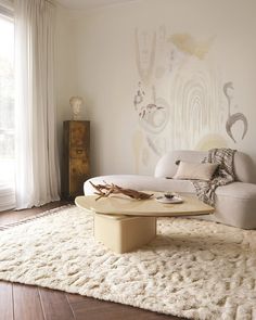 a living room with white furniture and rugs