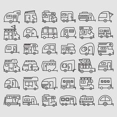 various types of campers and trailers are shown in black on a gray background with the words