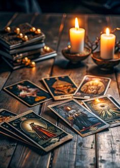 candles and tarot cards on a wooden table