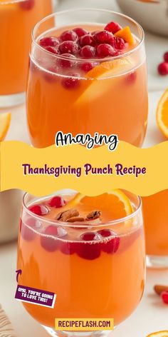 two glasses filled with orange punch and garnished with cranberries