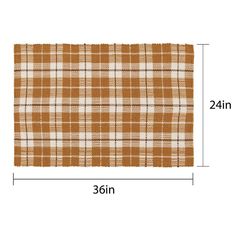 the width of a rug with an orange and white plaid pattern