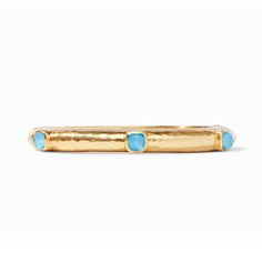 Stackable hinged bangle with stationed bezel set stones, and hammered gold finish. Available in multiple gemstone colors. 24k Gold plate Gemstones Signature Packaging Julie Vos Jewelry, Julie Vos, Bahama Blue, Hammered Gold, Jewelry Bag, Hinged Bangle, Jewelry Bags, Rose Cut, Gemstone Colors