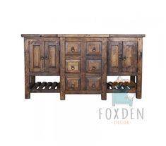 a large wooden cabinet with drawers and wine racks on it's sides, against a white background