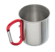 a stainless steel cup with a red carabiner on the side and an orange handle