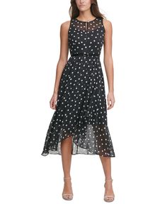 Spot-on style, from neckline keyhole to crossover hemline, Tommy Hilfiger's belted chiffon midi dress delivers a flowy and flawless look. Flare Midi Dress, Chiffon Midi Dress, Womens Dress, Midi Dress Sleeveless, Womens Midi Dresses, Dot Print, Fit And Flare Dress, Sleeveless Dress, Shopping Outfit